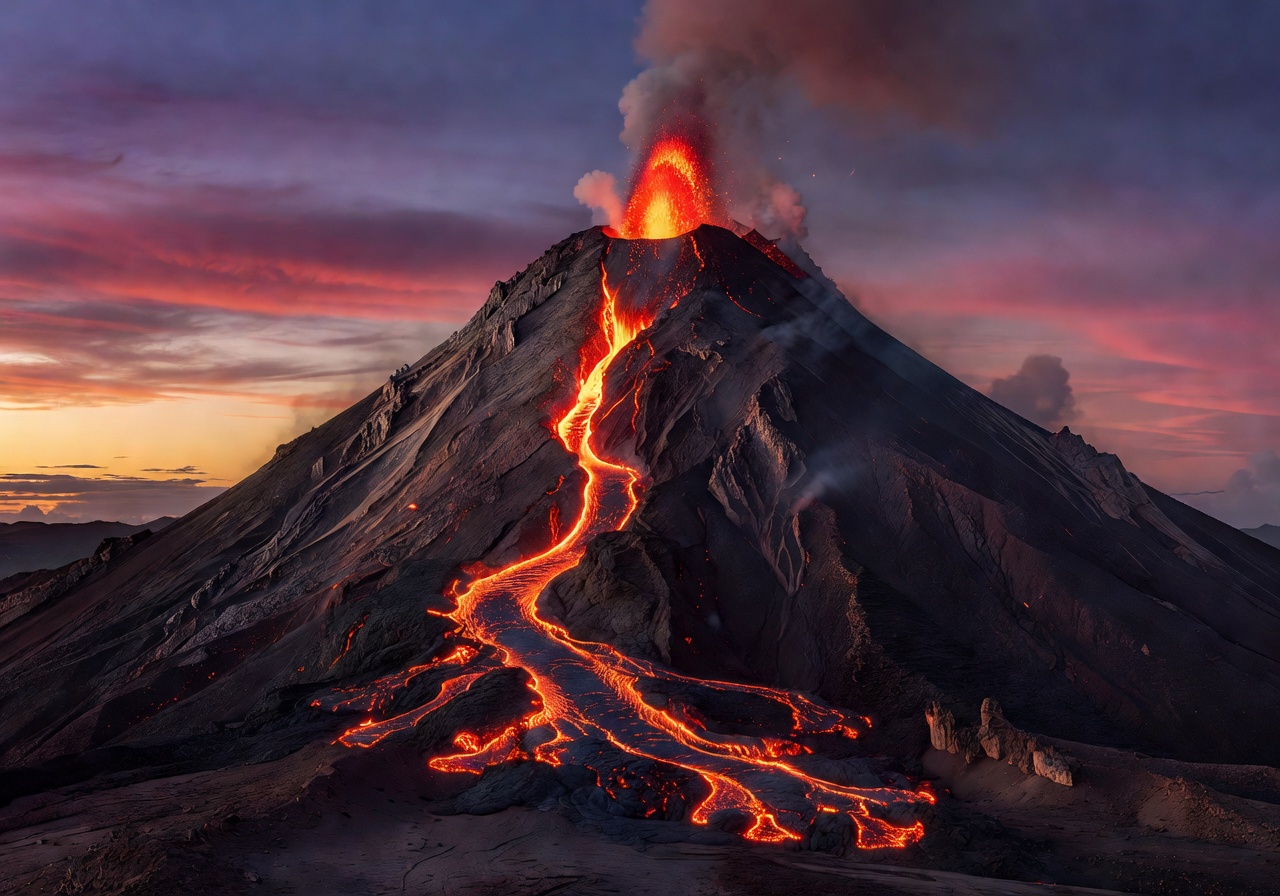 Active volcano with glowing flow at twilight