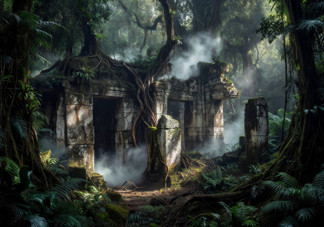 Ancient stone ruins inside misty prehistoric jungle