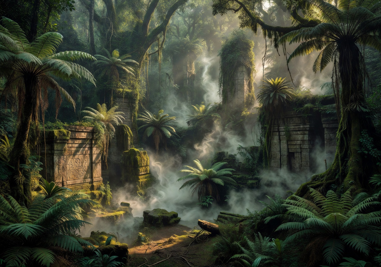 Dense prehistoric jungle with fog and ancient stone ruins