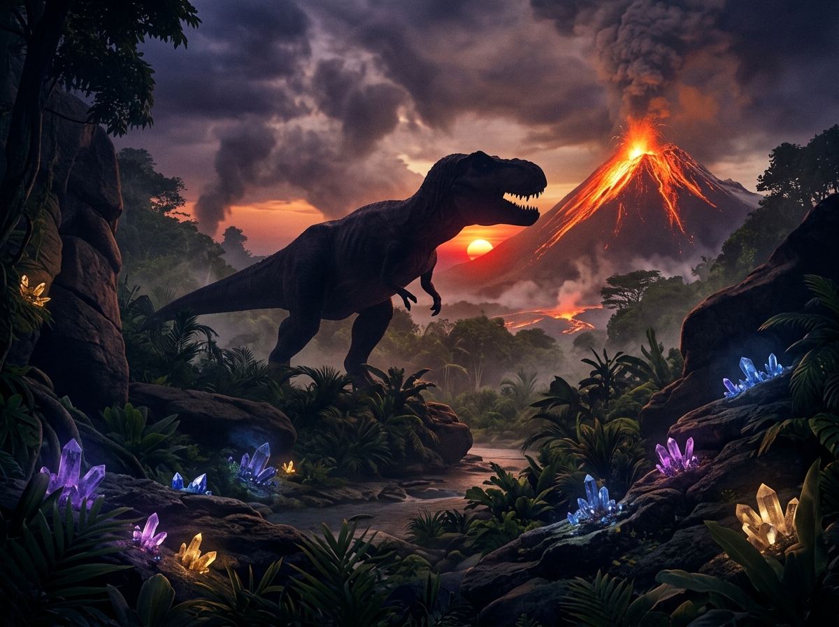 Giant Tyrannosaurus Rex silhouette in volcanic jungle with glowing crystals