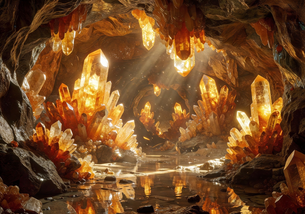 Glowing crystal cave deep underground