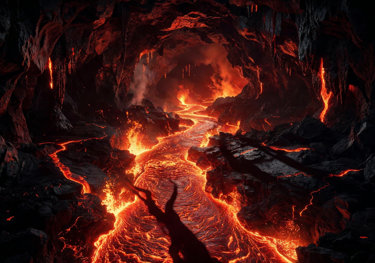 Glowing river flowing through volcanic cavern at night