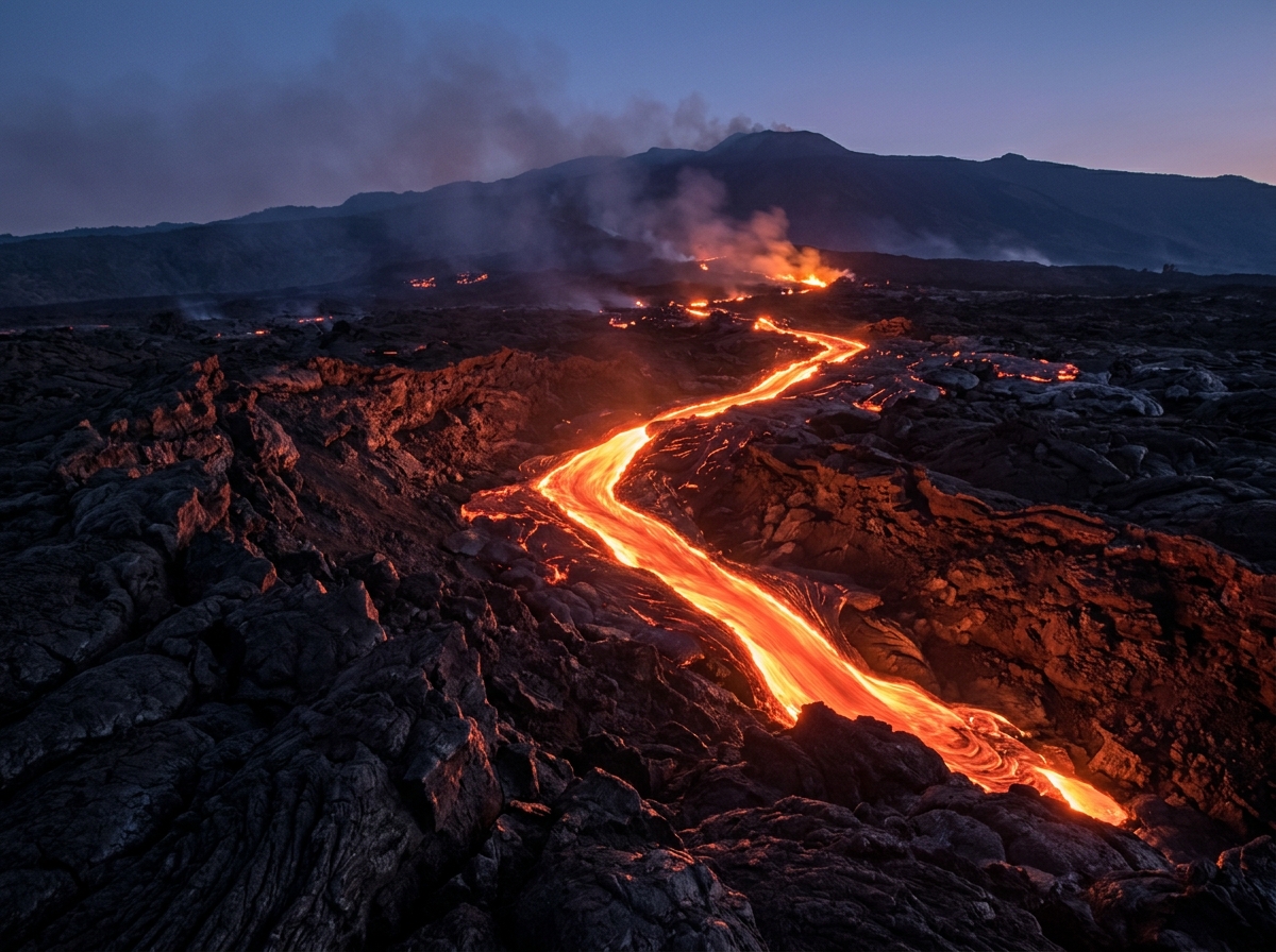 Glowing molten flow through dark volcanic landscape