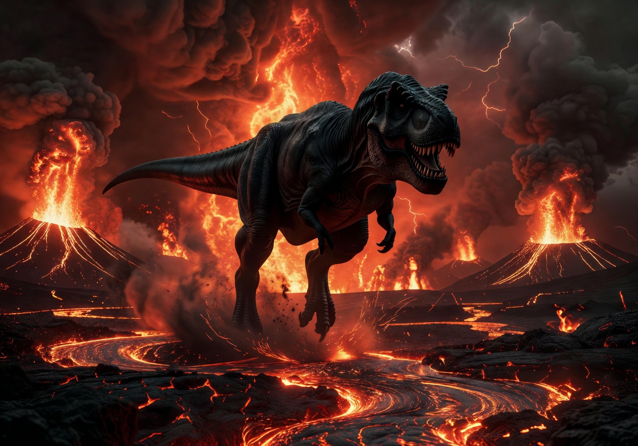 Massive Tyrannosaurus silhouette walking through volcanic prehistoric landscape