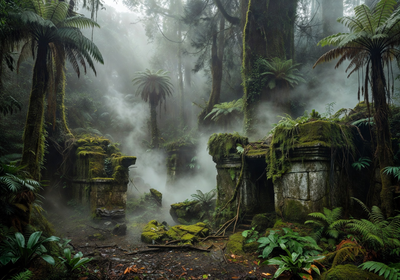 Misty prehistoric jungle with ancient stone ruins