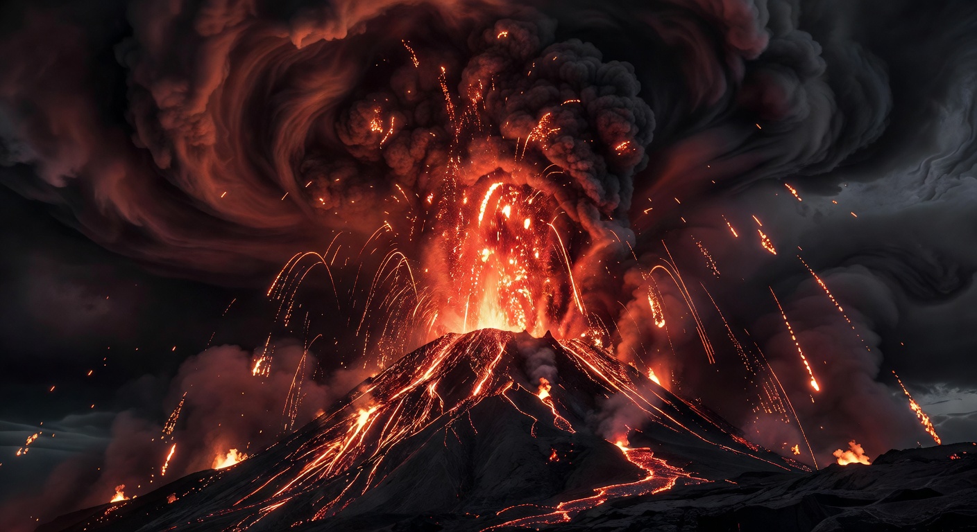 Volcanic eruption at night with dramatic sky and burning embers