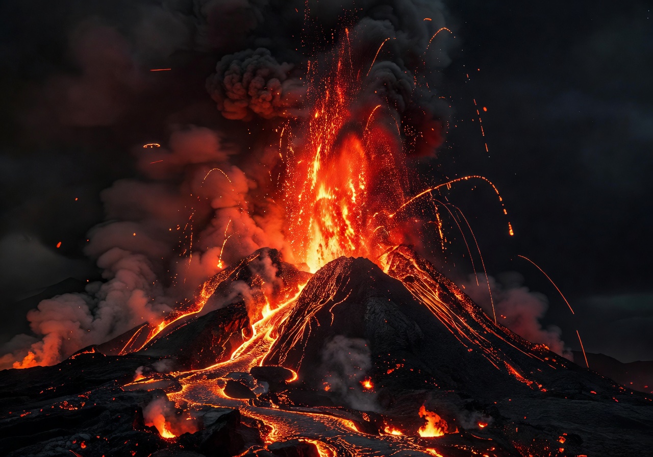 Volcanic eruption with burning embers in dark sky