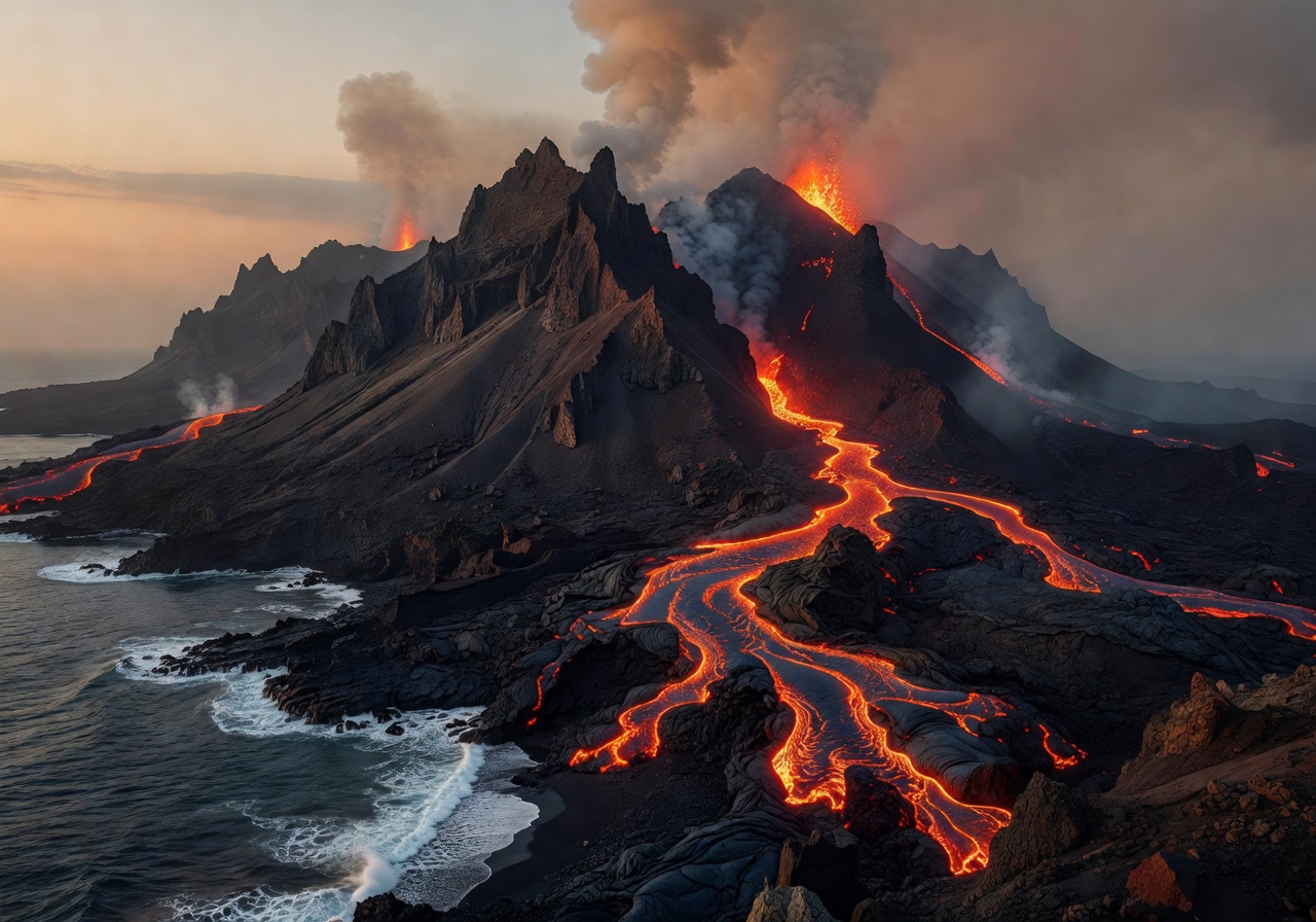 Volcanic island with massive mountains and glowing rivers