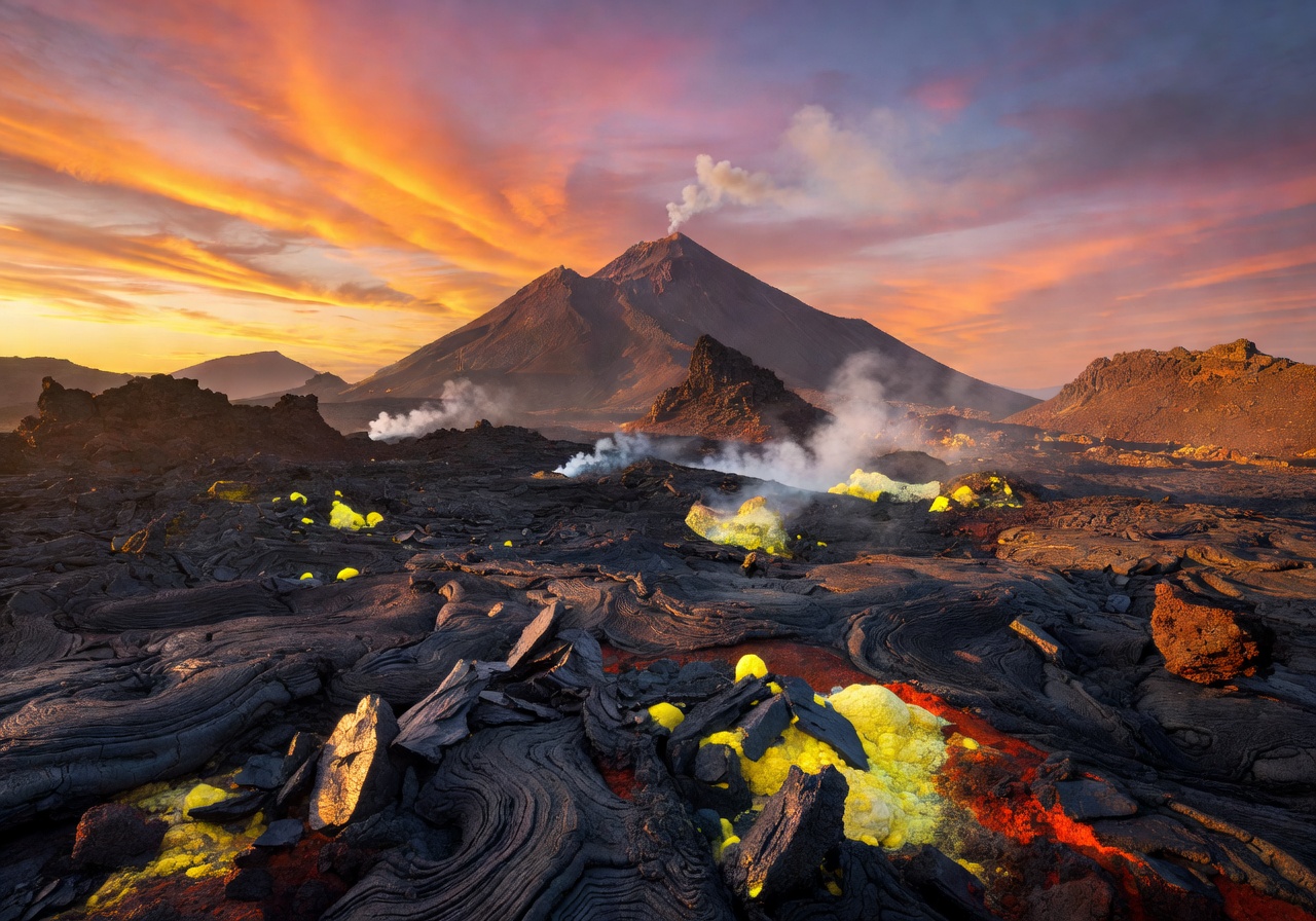 Volcanic landscape at sunset