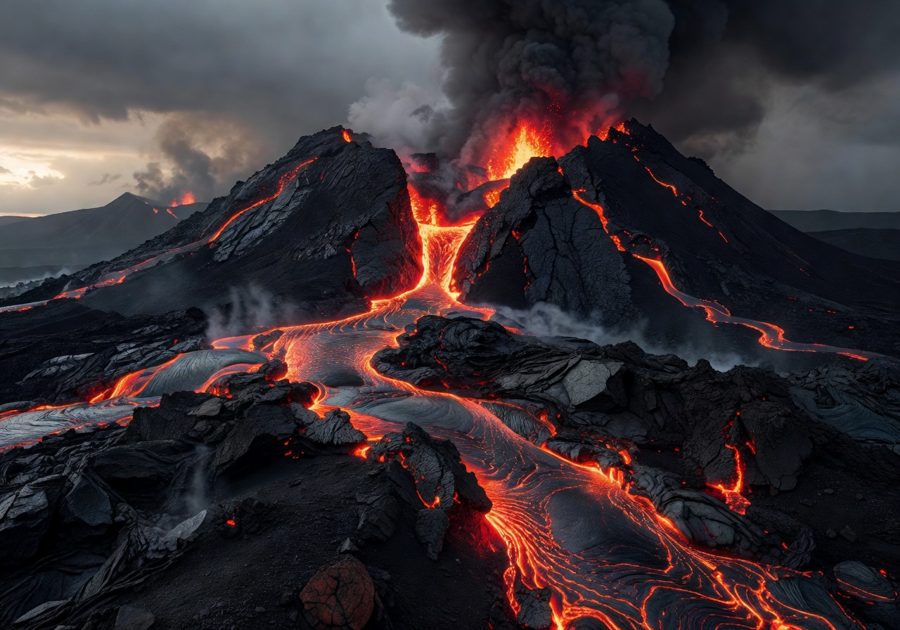 Volcanic landscape with glowing flow