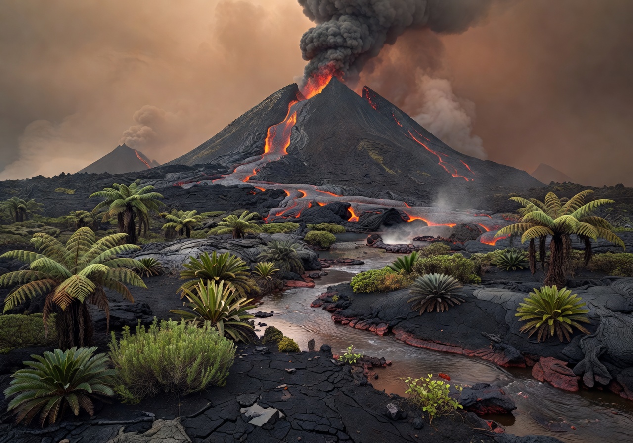 Volcanic prehistoric landscape with glowing rivers and giant mountains